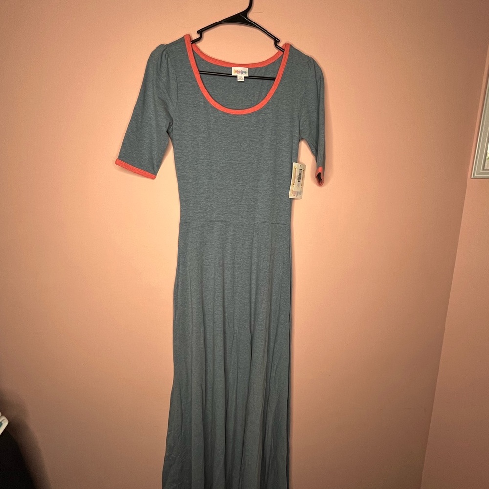 NWT LuLaRoe Ana Gray Maxi Dress with Orange Trim